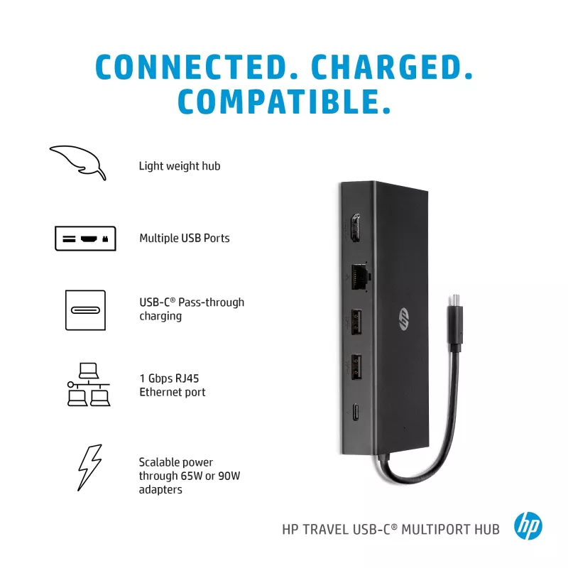 Hub wieloportowy USB-C HP Travel – HP 1C1Y5AA, host USB-C, HDMI 2.0, VGA, 1×RJ-45, 2×USB-A 3.2 Gen1, 2×USB 2.0, czytnik MicroSD, czarny