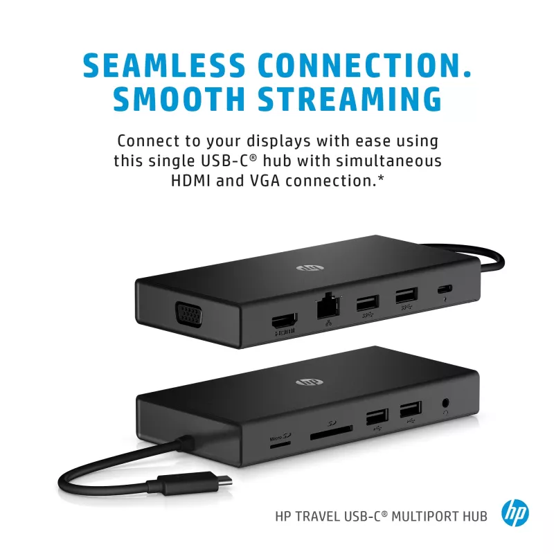 Hub wieloportowy USB-C HP Travel – HP 1C1Y5AA, host USB-C, HDMI 2.0, VGA, 1×RJ-45, 2×USB-A 3.2 Gen1, 2×USB 2.0, czytnik MicroSD, czarny