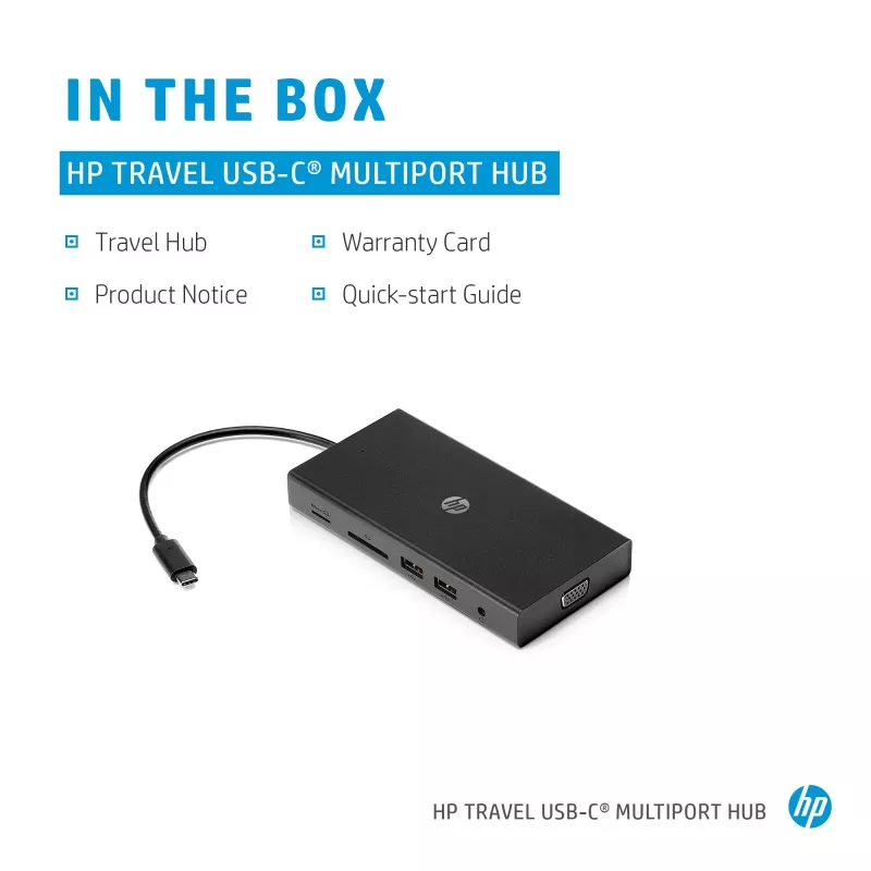 Hub wieloportowy USB-C HP Travel – HP 1C1Y5AA, host USB-C, HDMI 2.0, VGA, 1×RJ-45, 2×USB-A 3.2 Gen1, 2×USB 2.0, czytnik MicroSD, czarny