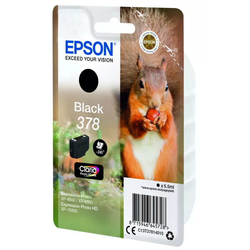 Epson Squirrel Singlepack Black 378 Claria Photo HD Ink, Standard Yield, Black, Pigment-based ink, 5.5 ml, 1 szt., 240 stron