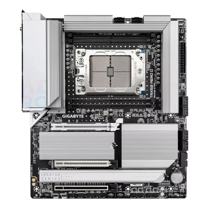 Płyta główna GIGABYTE TRX50 AERO D - obsługuje procesory AMD Ryzen Threadripper 9000 Series, 16+8+4 fazy cyfrowego VRM, do 7800MHz DDR5 (OC), 3xPCIe 5.0 + 1xPCIe 4.0 M.2, Wi-Fi 7, 10GbE LAN, USB4