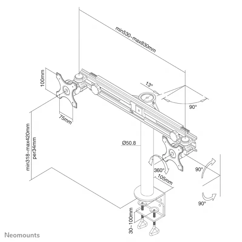 Uchwyt monitora Neomounts FPMA-D700D 19-30 cali, zacisk, 8 kg, 48,3 cm (19 cali), 76,2 cm (30 cali), 100 x 100 mm, czarny