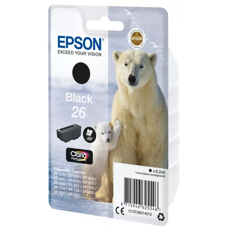 Epson Polar Bear Singlepack Czarny 26 Claria Premium Ink, Standard Yield, Czarny, Tusz pigmentowy, 6,2 ml, 1 szt., 220 stron