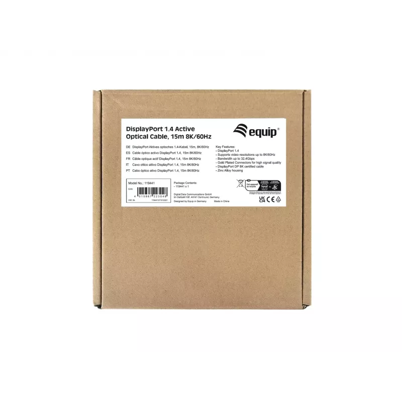 Equip DisplayPort 1.4 Active Optical Cable, 15m 8K/60Hz, 15 m, DisplayPort, DisplayPort, Męski, Męski, 7680 x 4320 pikseli