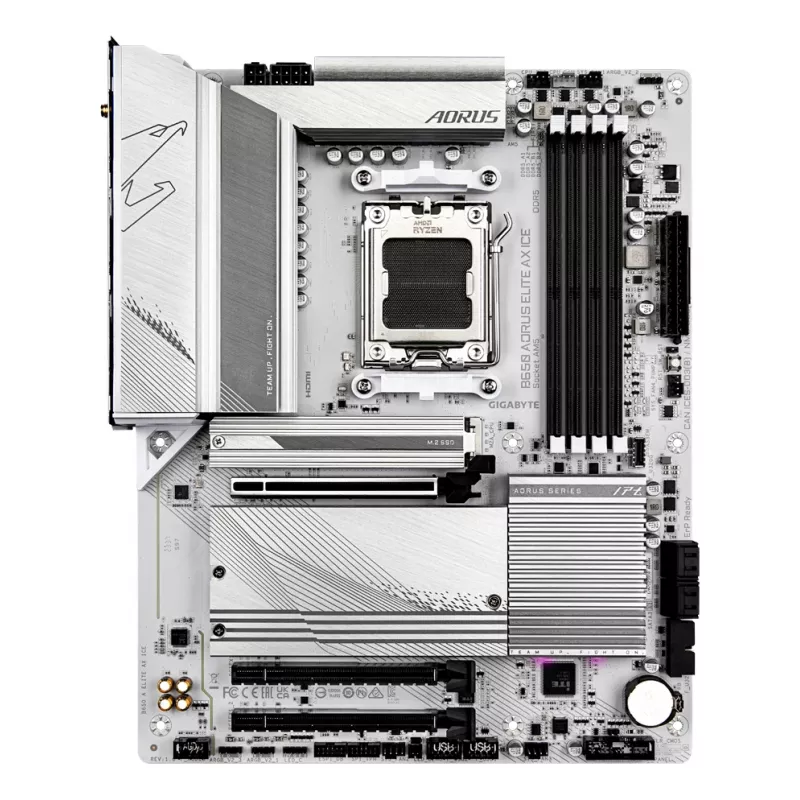 Płyta główna GIGABYTE B650 AORUS ELITE AX ICE - obsługuje procesory AMD Ryzen 9000, 12+2+2 faz cyfrowego VRM, do 8000MHz DDR5 (OC), 1xPCIe 5.0 + 2xPCIe 4.0 M.2, Wi-Fi 6E, 2.5GbE LAN, USB 3.2 Gen 2x2