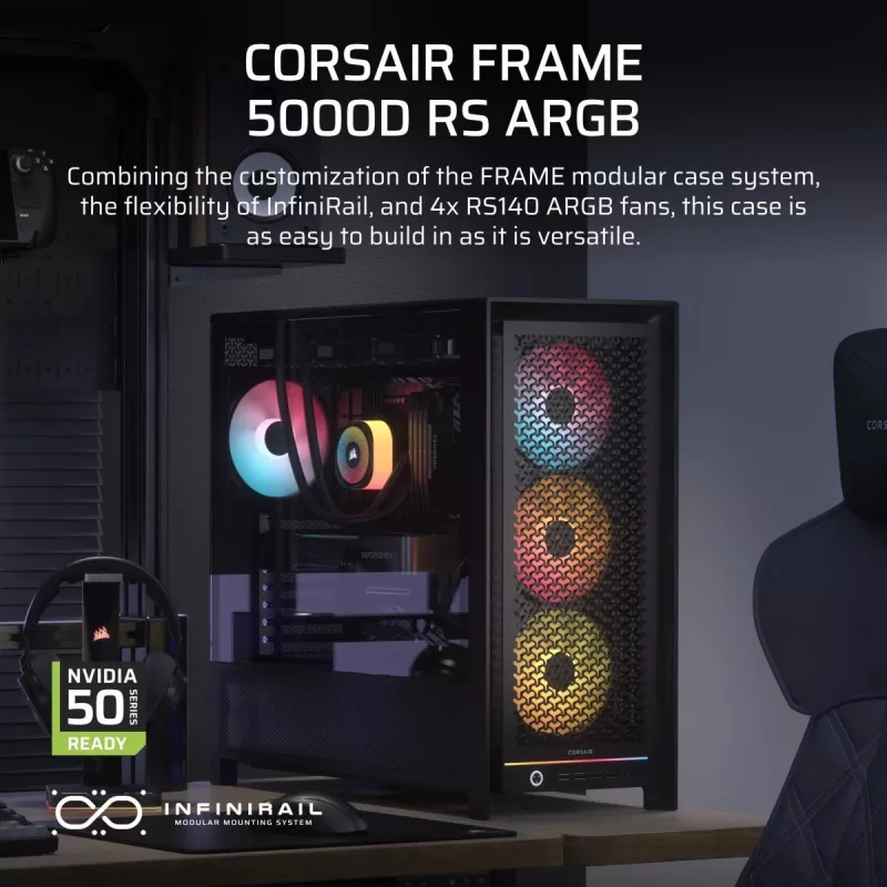 Obudowa PC CORSAIR FRAME 5000D RS ARGB Midi Tower Czarny — ATX, obsługuje 3x140mm wentylatory z przodu, napędy 2.5/3.5 cala