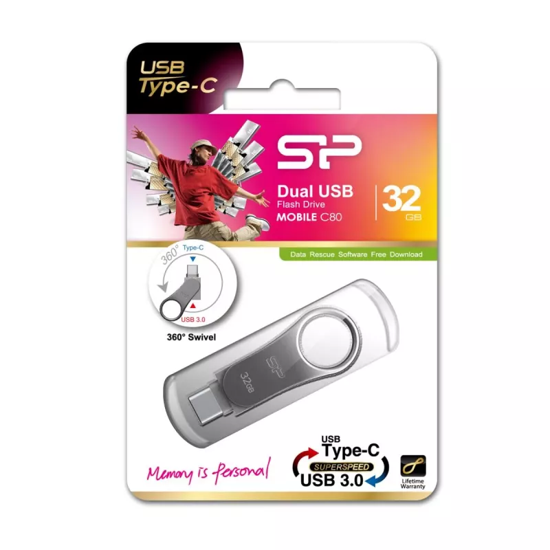 SILICON POWER Mobile C80 - 32 GB pamięć USB z dwoma wtykami - Type-C / Type-A - szary
