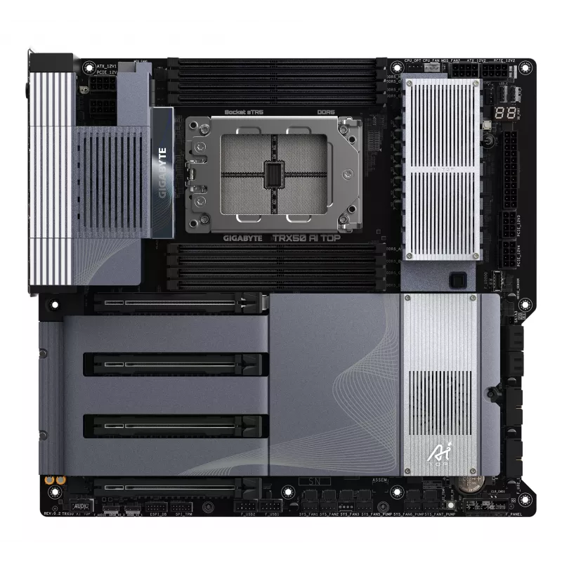 Płyta główna GIGABYTE TRX50 AI TOP-2B - AMD Ryzen Threadripper PRO 7000, 16+8+4 fazy cyfrowego VRM, do 5200 MHz DDR5, 4xPCIe 5.0 M.2, Wi-Fi 7, 10 GbE LAN, USB 4