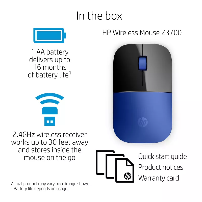 Mysz bezprzewodowa HP Z3700, niebieska, oburęczna, optyczna, RF, 1200 DPI