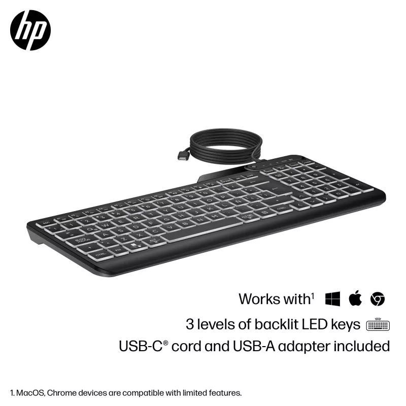 Klawiatura przewodowa HP 405 z podświetleniem, dla wielu urządzeń, pełnowymiarowa (100%), przewodowa, USB, membranowa, czarna