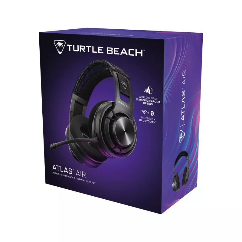 Bezprzewodowy zestaw słuchawkowy do gier PC Turtle Beach Atlas Air Wireless Open Back z 24-bitowym dźwiękiem hi-fi, studyjnym mikrofonem, pływającą muszlą, poduszkami z pianki memory i łącznością Bluetooth dla PC