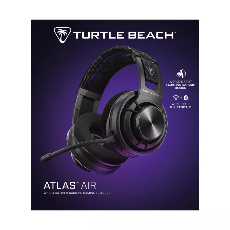 Bezprzewodowy zestaw słuchawkowy do gier PC Turtle Beach Atlas Air Wireless Open Back z 24-bitowym dźwiękiem hi-fi, studyjnym mikrofonem, pływającą muszlą, poduszkami z pianki memory i łącznością Bluetooth dla PC