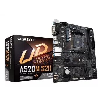 Płyta główna GIGABYTE A520M S2H — obsługa procesorów AMD Ryzen serii 5000 AM4, 4+3 fazowa czysto cyfrowa sekcja VRM, do 5100 MHz DDR4 (OC), PCIe 3.0 x4 M.2, LAN GbE, USB 3.2 Gen 1