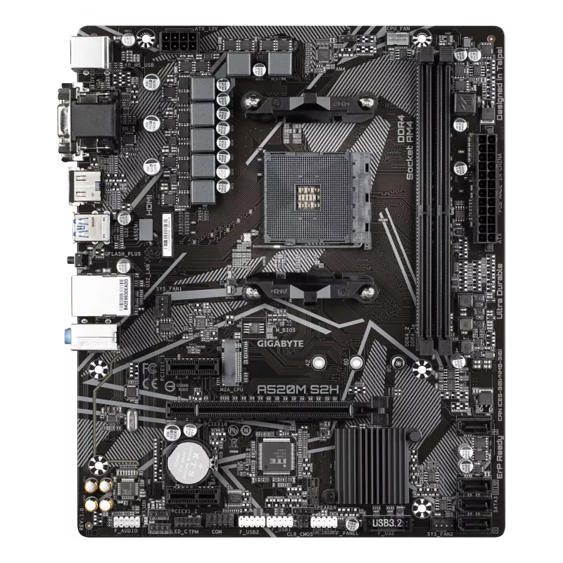 Płyta główna GIGABYTE A520M S2H — obsługa procesorów AMD Ryzen serii 5000 AM4, 4+3 fazowa czysto cyfrowa sekcja VRM, do 5100 MHz DDR4 (OC), PCIe 3.0 x4 M.2, LAN GbE, USB 3.2 Gen 1