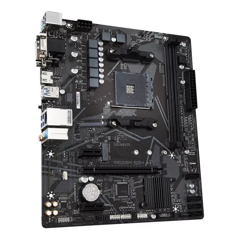 Płyta główna GIGABYTE A520M S2H — obsługa procesorów AMD Ryzen serii 5000 AM4, 4+3 fazowa czysto cyfrowa sekcja VRM, do 5100 MHz DDR4 (OC), PCIe 3.0 x4 M.2, LAN GbE, USB 3.2 Gen 1