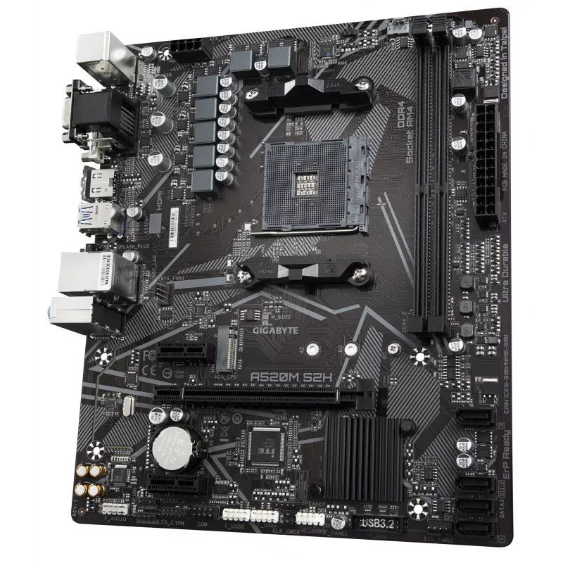 Płyta główna GIGABYTE A520M S2H — obsługa procesorów AMD Ryzen serii 5000 AM4, 4+3 fazowa czysto cyfrowa sekcja VRM, do 5100 MHz DDR4 (OC), PCIe 3.0 x4 M.2, LAN GbE, USB 3.2 Gen 1