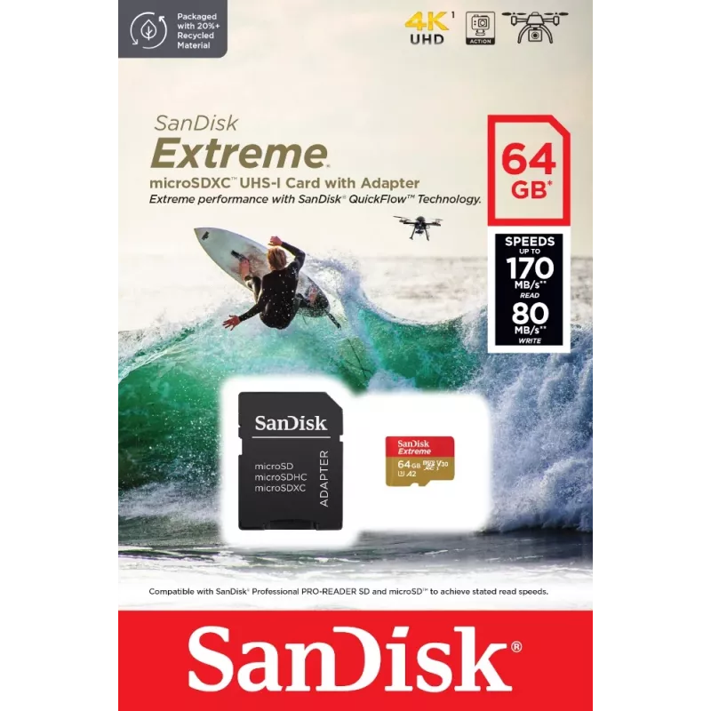 WESTERN DIGITAL Extreme microSDXC 64 GB adapter SD do kamer sportowych i dronów 170 MB/s 80 MB/s A2 C10 V30 UHS-I U3