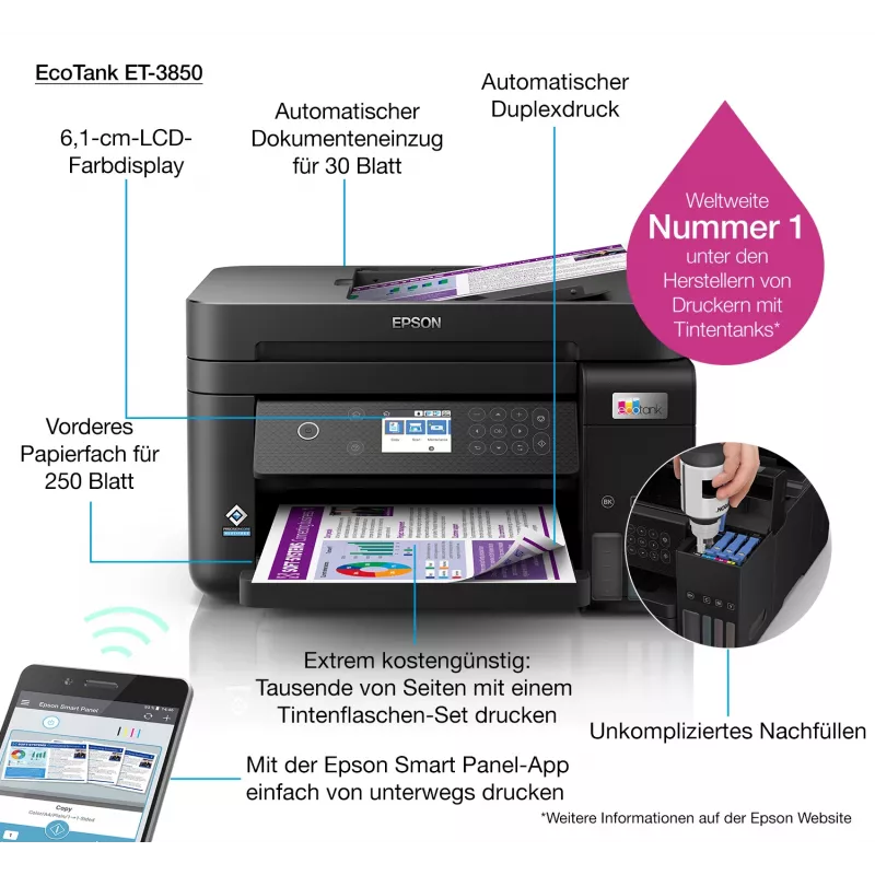 Epson EcoTank ET-3850 Atramentowa A4 4800 x 1200 DPI 33 ppm Wi-Fi