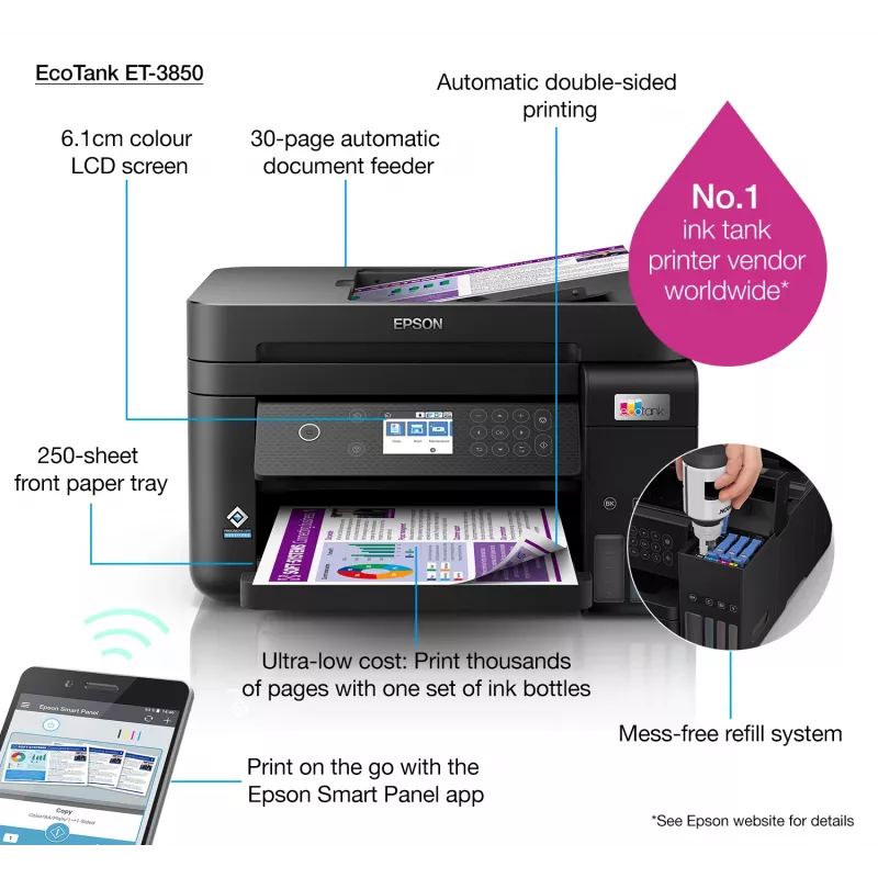 Epson EcoTank ET-3850 Atramentowa A4 4800 x 1200 DPI 33 ppm Wi-Fi