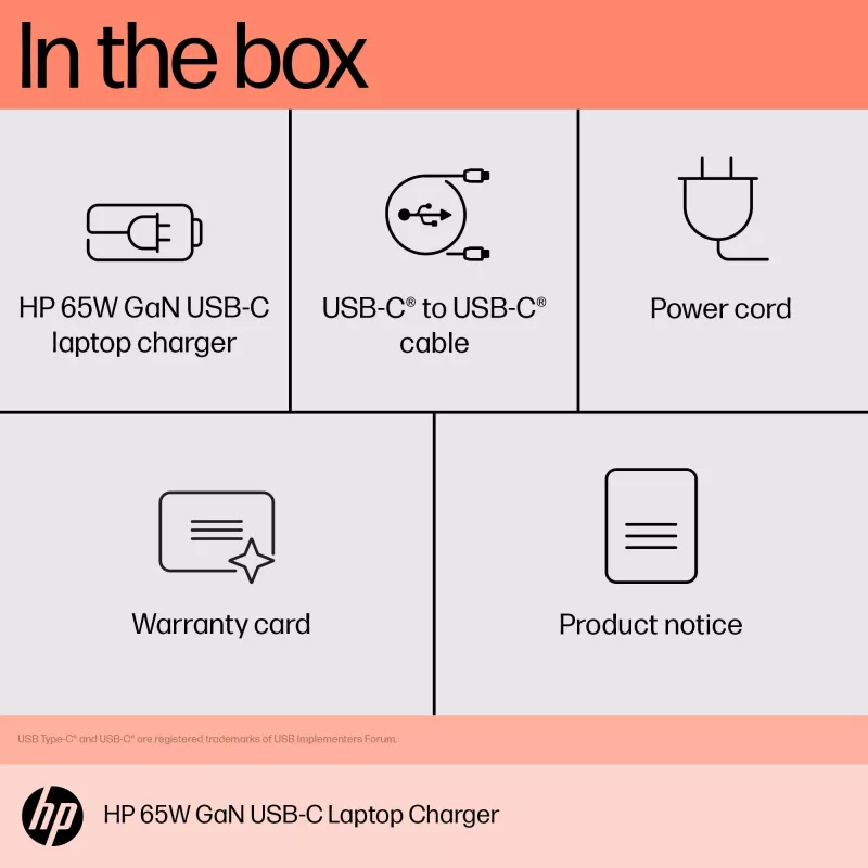 HP 65W GaN USB-C Zasilacz do laptopa, Do laptopa, Do użytku wewnętrznego, 65 W, 5,9,12,15,20 V, 65 W, Do domu