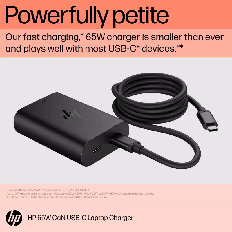 HP 65W GaN USB-C Zasilacz do laptopa, Do laptopa, Do użytku wewnętrznego, 65 W, 5,9,12,15,20 V, 65 W, Do domu