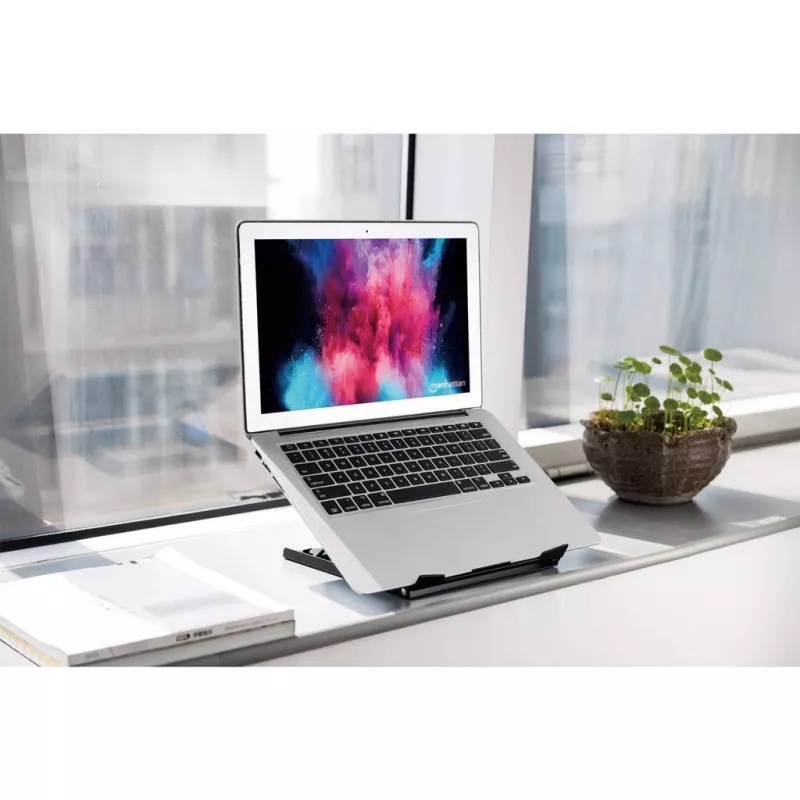 Podstawka pod laptopa i tablet Manhattan, regulowana (5 pozycji), odpowiednia dla wszystkich tabletów i laptopów do 15,6 cala, przenośna i lekka, stalowa, czarna, dożywotnia gwarancja
