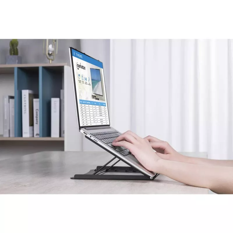 Podstawka pod laptopa i tablet Manhattan, regulowana (5 pozycji), odpowiednia dla wszystkich tabletów i laptopów do 15,6 cala, przenośna i lekka, stalowa, czarna, dożywotnia gwarancja
