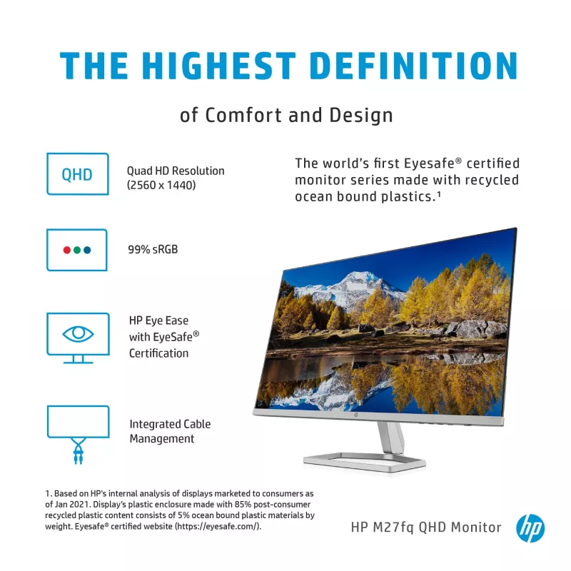 Monitor HP M27fq 27 cali Quad HD 2560x1440 IPS LCD, 300 cd/m², 75 Hz, 5 ms, Srebrny