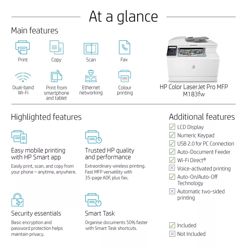 HP Color LaserJet Pro MFP M183fw, Laser, Druk kolorowy, 600 x 600 DPI, A4, Druk bezpośredni, Biały
