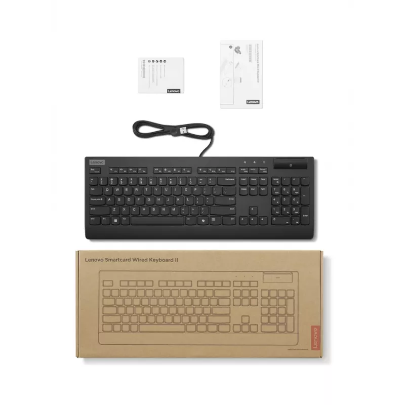 Przewodowa pełnowymiarowa klawiatura ze smartcardem Lenovo Smartcard Wired II — układ niemiecki, USB, 106 klawiszy, czarna