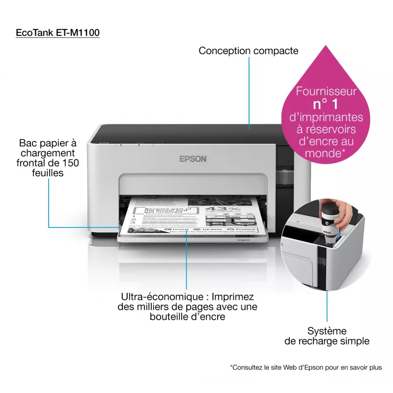 Drukarka atramentowa Epson EcoTank ET‑M1100 — monochromatyczna, A4, 32 str./min, 1440×720 dpi, zintegrowany zbiornik tuszu, USB 2.0, szary/czarny