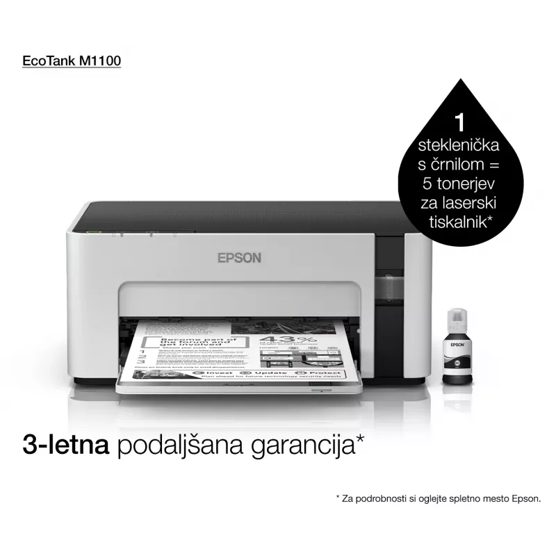 Drukarka atramentowa Epson EcoTank ET‑M1100 — monochromatyczna, A4, 32 str./min, 1440×720 dpi, zintegrowany zbiornik tuszu, USB 2.0, szary/czarny