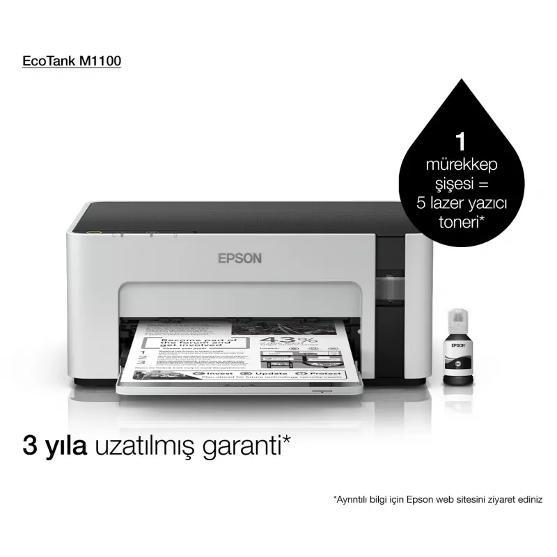 Drukarka atramentowa Epson EcoTank ET‑M1100 — monochromatyczna, A4, 32 str./min, 1440×720 dpi, zintegrowany zbiornik tuszu, USB 2.0, szary/czarny
