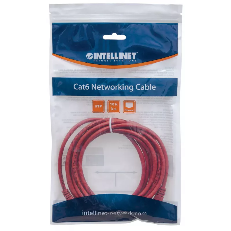 Kabel sieciowy Intellinet Patch, Cat5e, 3 m, czerwony, CCA, U/UTP, PVC, RJ45, pozłacane styki, bez zaczepów, osłonięty, dożywotnia gwarancja