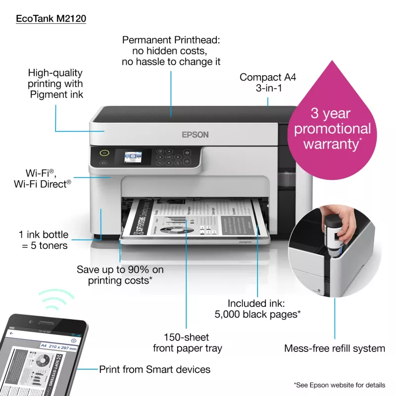 Epson EcoTank ET-M2120 Atramentowy A4 1440 x 720 DPI 32 ppm Wi-Fi