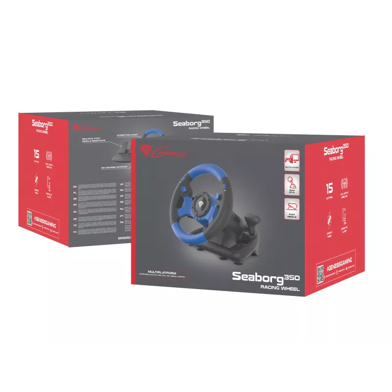 GENESIS Seaborg 350 Czarny, niebieski USB Kierownica + Pedały Nintendo Switch, PC, PlayStation 4, Playstation 3, Xbox 360, Xbox One, Xbox Series S, Xbox Series X