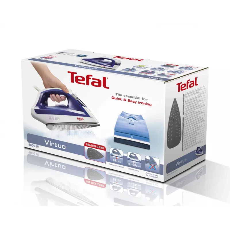 Żelazko parowe Tefal Virtuo FV1711 — 1800 W, stopa Durilium, zbiornik 0,2 L, para pionowa, fioletowy/biały