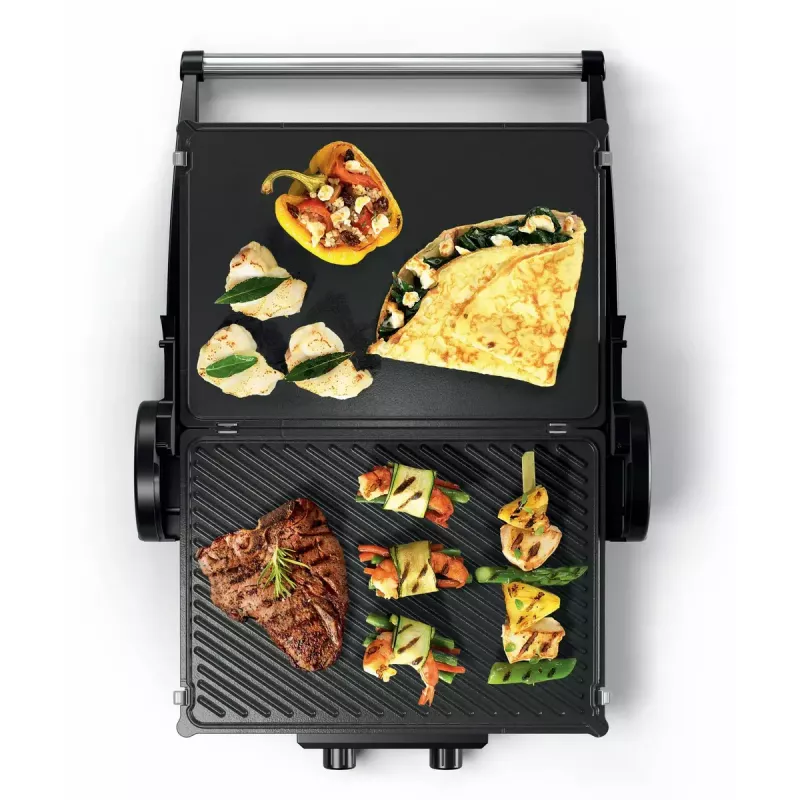 Grill kontaktowy Bosch TCG4104 — 2000 W, prostokątny, regulowany termostat, powierzchnia grzewcza 328×238 mm, czerwony