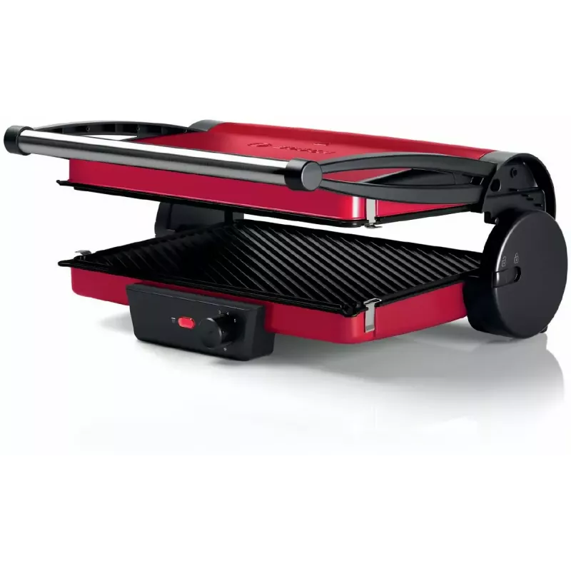 Grill kontaktowy Bosch TCG4104 — 2000 W, prostokątny, regulowany termostat, powierzchnia grzewcza 328×238 mm, czerwony