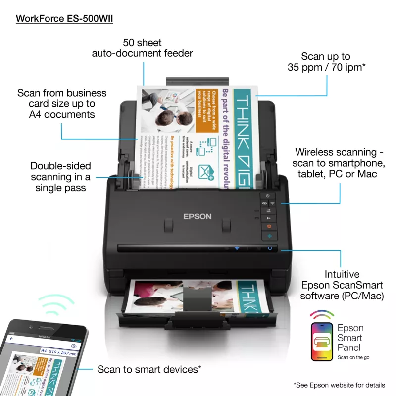Epson WorkForce ES-500WII Skaner arkuszowy 600 x 600 DPI A4 Czarny