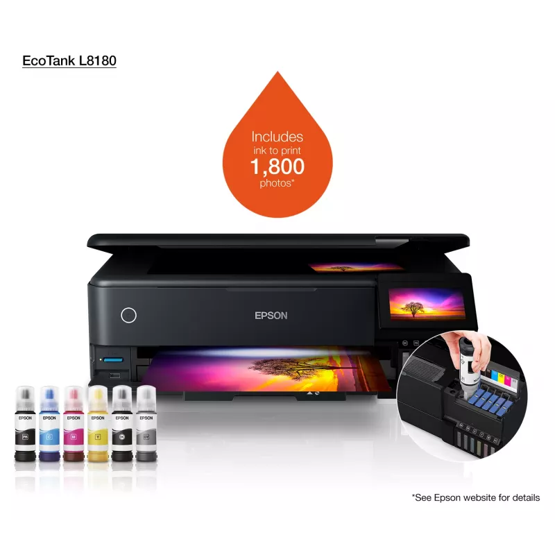 Wielofunkcyjna drukarka atramentowa Epson EcoTank L8180 — A3+, Kolor, 5760x1440 DPI, 32 str./min, Dupleks, Wi‑Fi, Ethernet