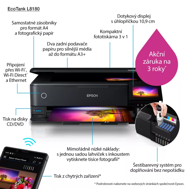 Wielofunkcyjna drukarka atramentowa Epson EcoTank L8180 — A3+, Kolor, 5760x1440 DPI, 32 str./min, Dupleks, Wi‑Fi, Ethernet
