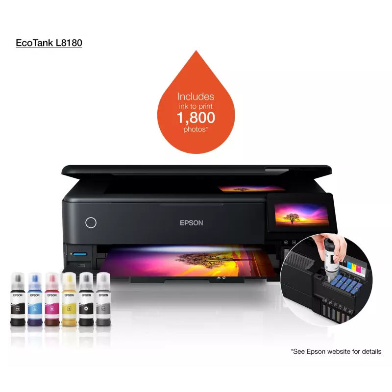 Wielofunkcyjna drukarka atramentowa Epson EcoTank L8180 — A3+, Kolor, 5760x1440 DPI, 32 str./min, Dupleks, Wi‑Fi, Ethernet