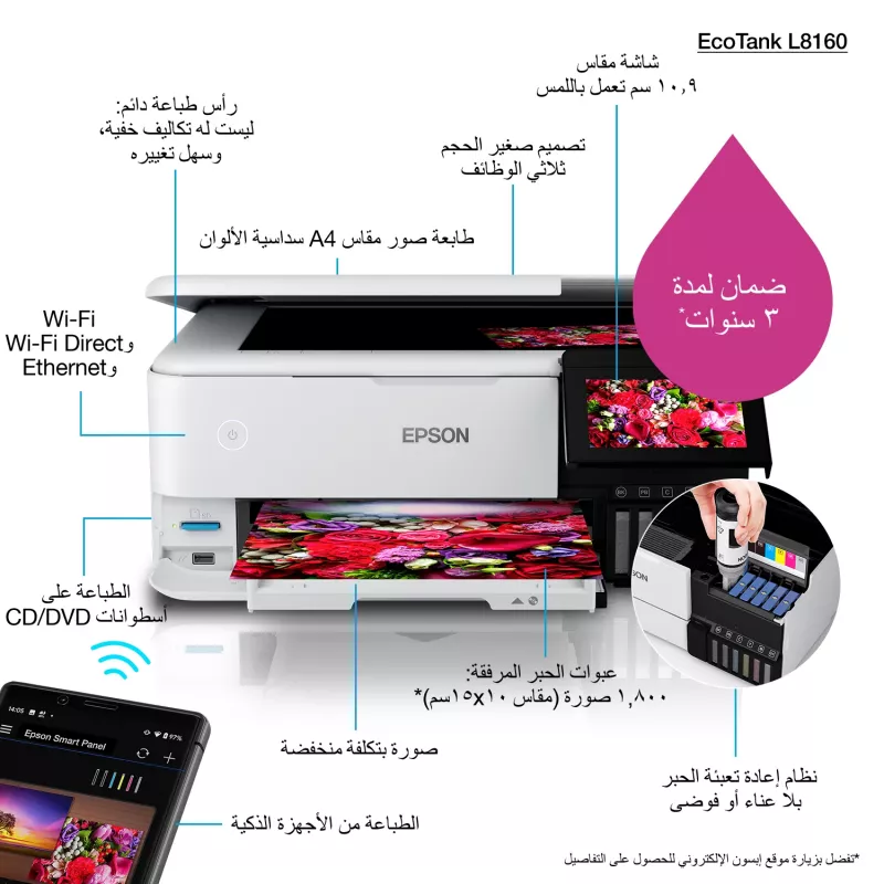 Wielofunkcyjna drukarka atramentowa Epson EcoTank L8160 — Druk kolorowy, 5760x1440 DPI, 32 str./min, A4, Wi‑Fi, Duplex