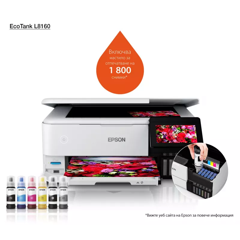 Wielofunkcyjna drukarka atramentowa Epson EcoTank L8160 — Druk kolorowy, 5760x1440 DPI, 32 str./min, A4, Wi‑Fi, Duplex