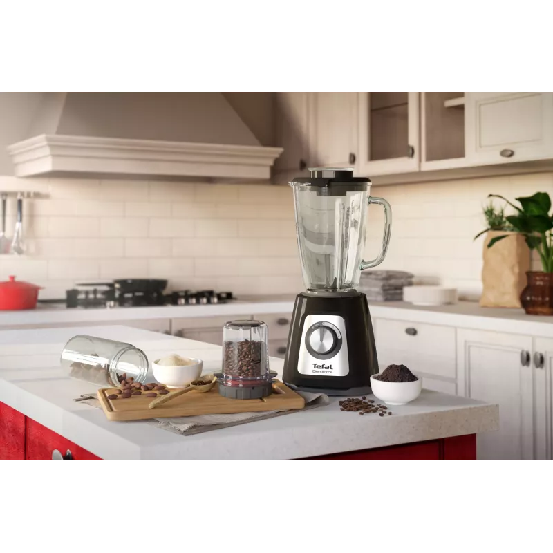 Blender stołowy Tefal BlendForce II BL4388 — 800 W, szklany dzbanek 1,25 l, kruszenie lodu, czarny/szczotkowana stal