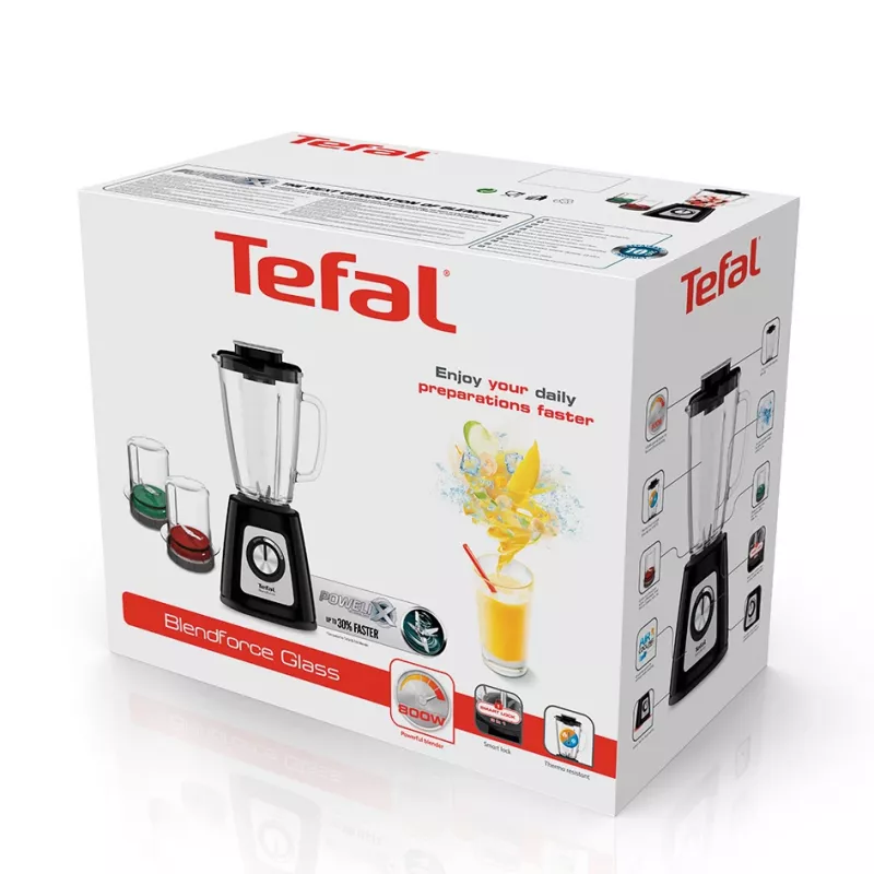 Blender stołowy Tefal BlendForce II BL4388 — 800 W, szklany dzbanek 1,25 l, kruszenie lodu, czarny/szczotkowana stal