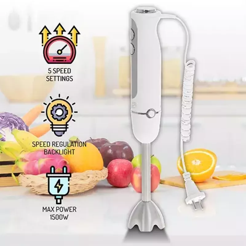 Blender ręczny Adler AD 4625w — blender ręczny, 5 prędkości, turbo, 1500 W, ostrze ze stali nierdzewnej, srebrny/biały