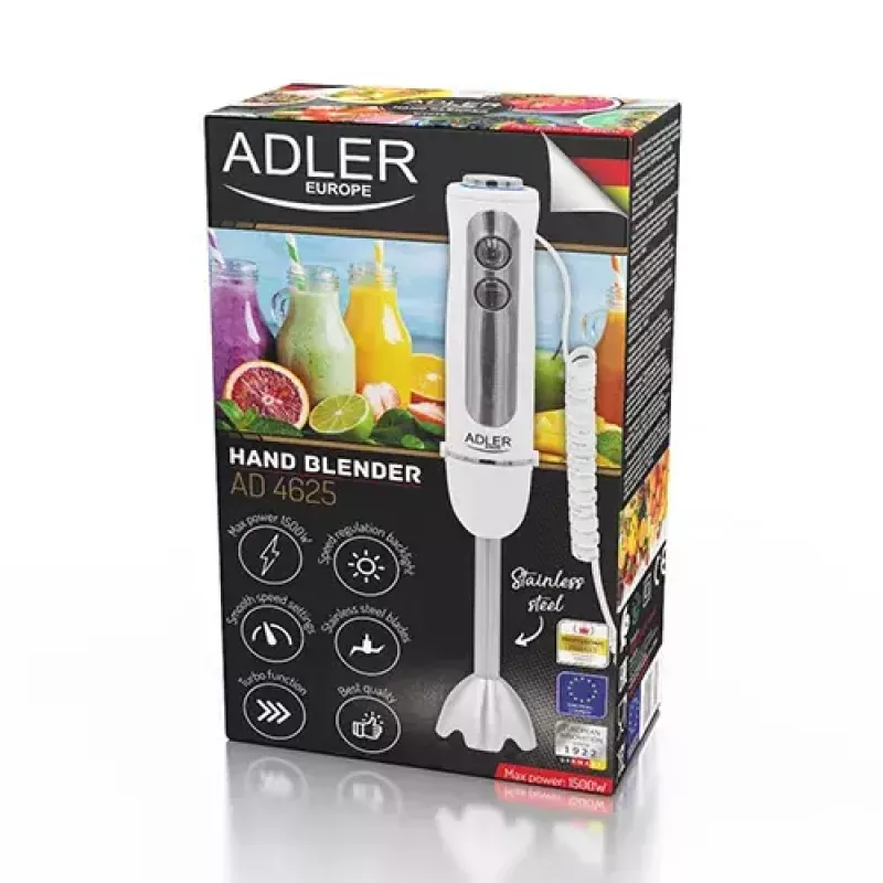 Blender ręczny Adler AD 4625w — blender ręczny, 5 prędkości, turbo, 1500 W, ostrze ze stali nierdzewnej, srebrny/biały