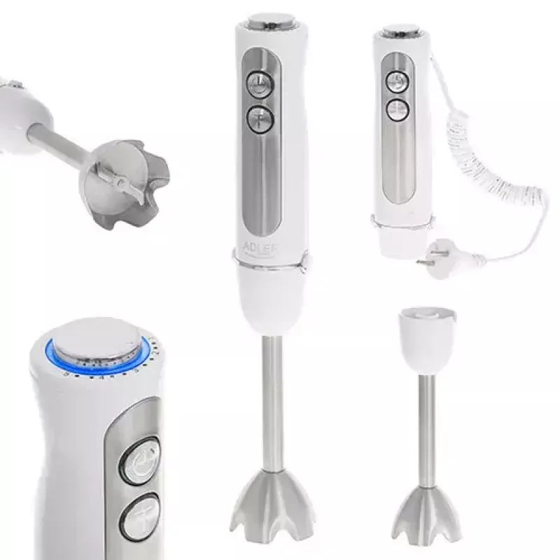 Blender ręczny Adler AD 4625w — blender ręczny, 5 prędkości, turbo, 1500 W, ostrze ze stali nierdzewnej, srebrny/biały